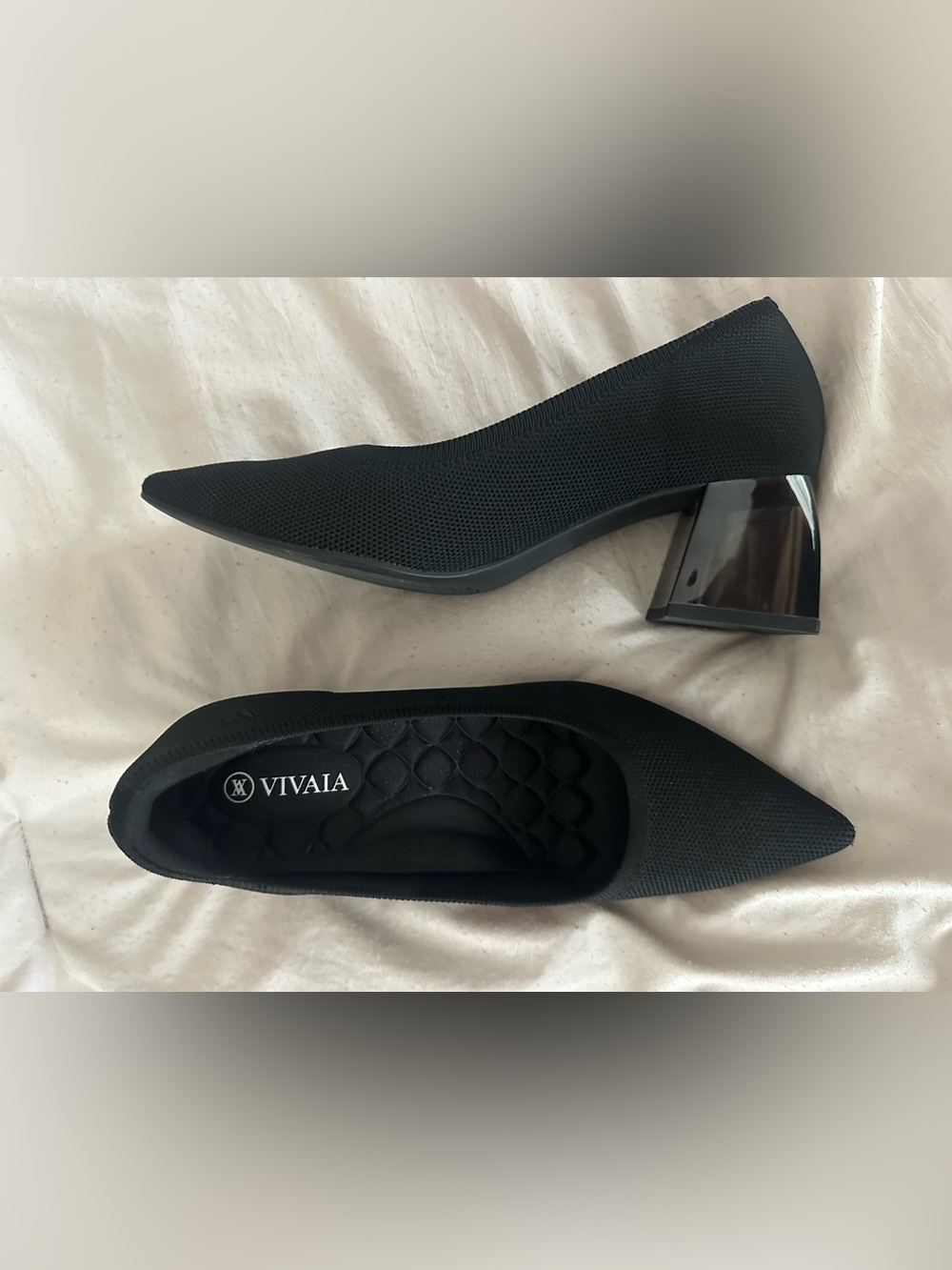VIVAIA Black Pointed Knit Block Heel Pumps